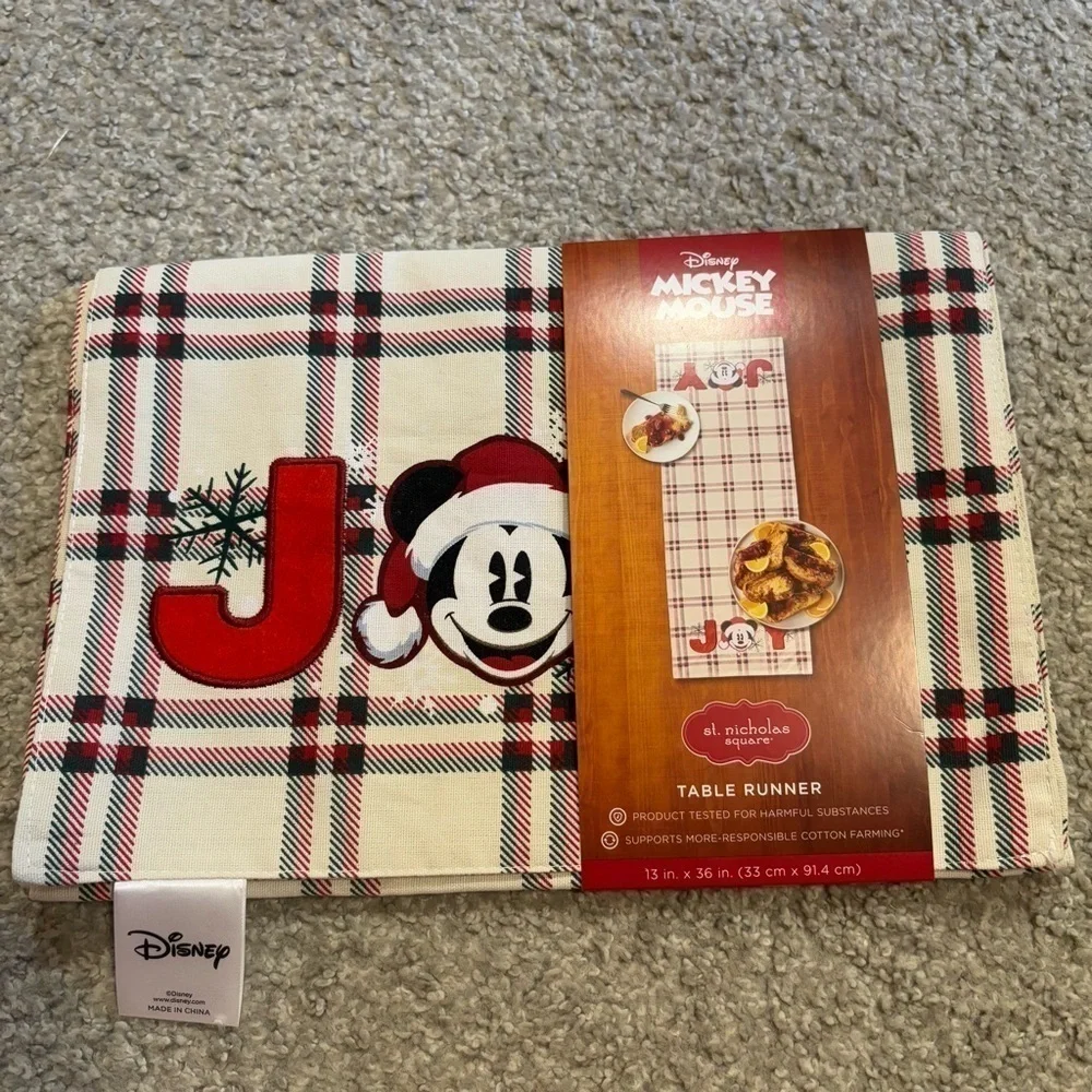 Disney Mickey Mouse Joy Table Runner NEW Christmas Santa Plaid Red Green